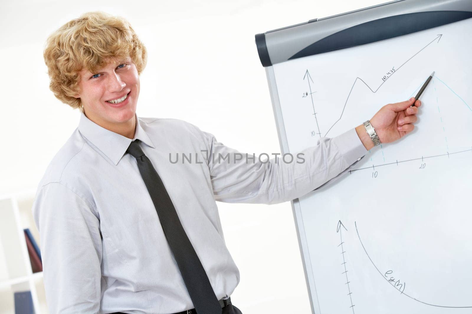 Image of successful businessman showing his project at whiteboard