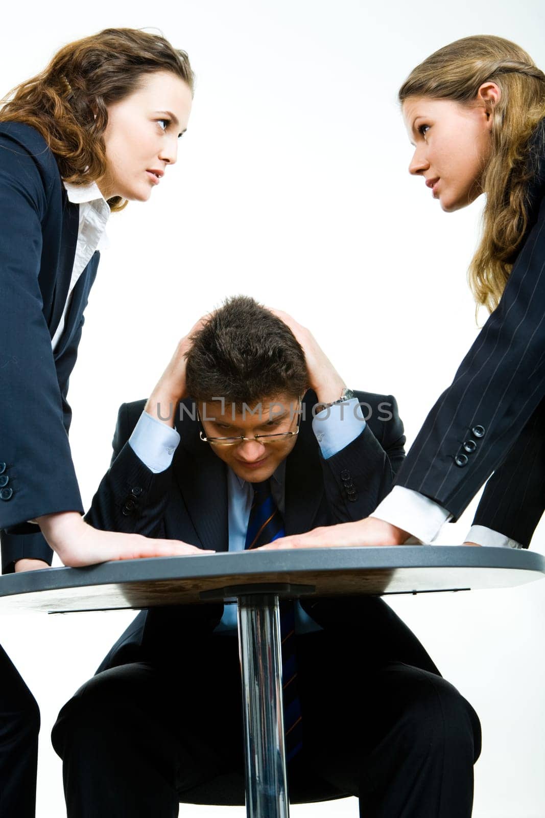 Image of business man fearing angry women
