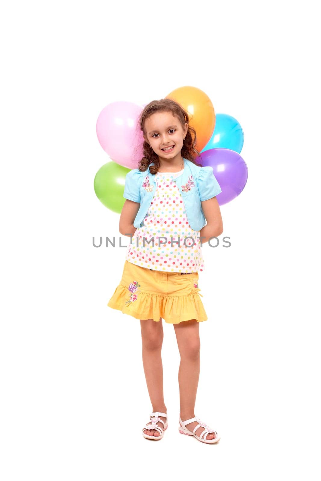 Portrait of smart girl with colorful balloons isolated on white background