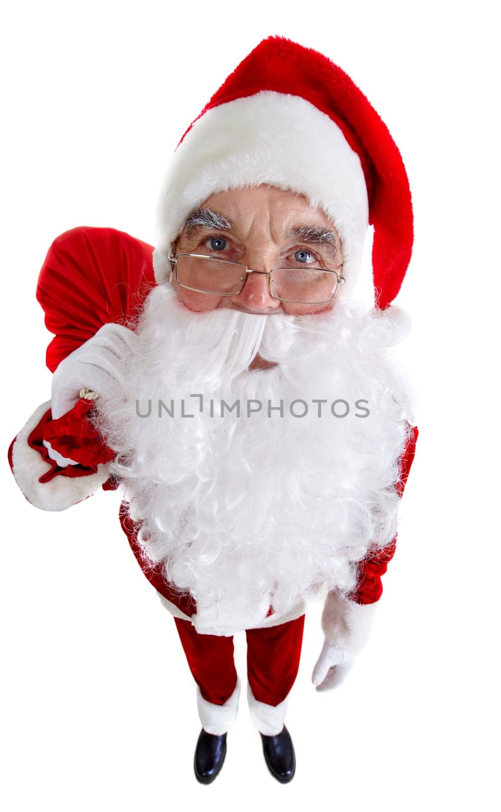 A distorted image of Santa standing with a sack isolated on white