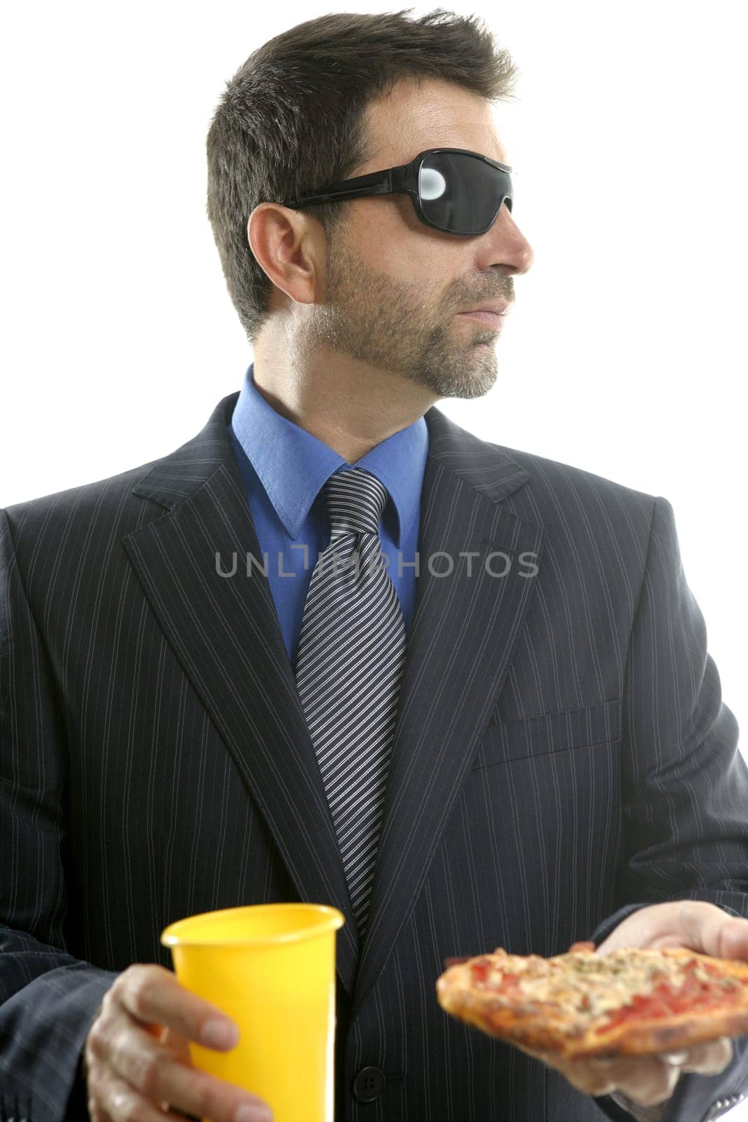 businessman eating junk fast food, studio white background