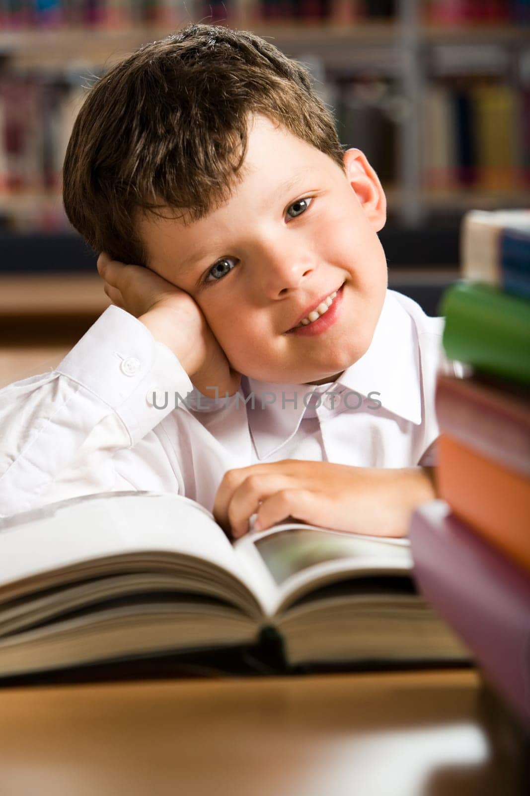 Portrait of smiling schoolboy sitting at the table with books on it