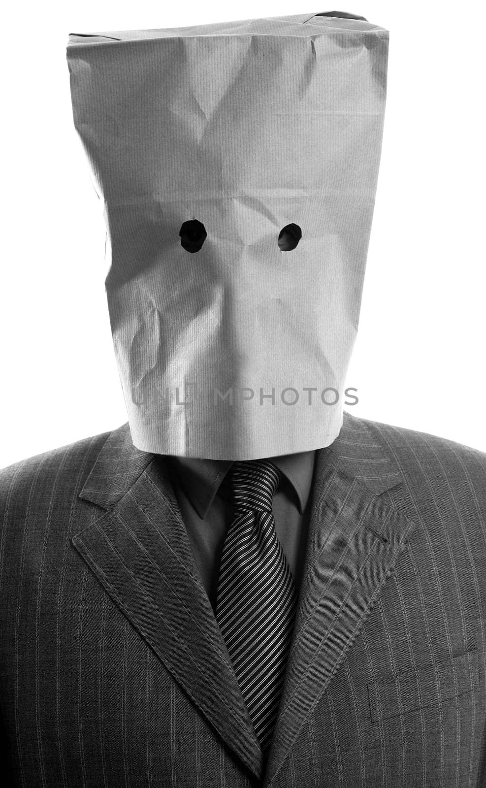 Businessman with paper bag in head