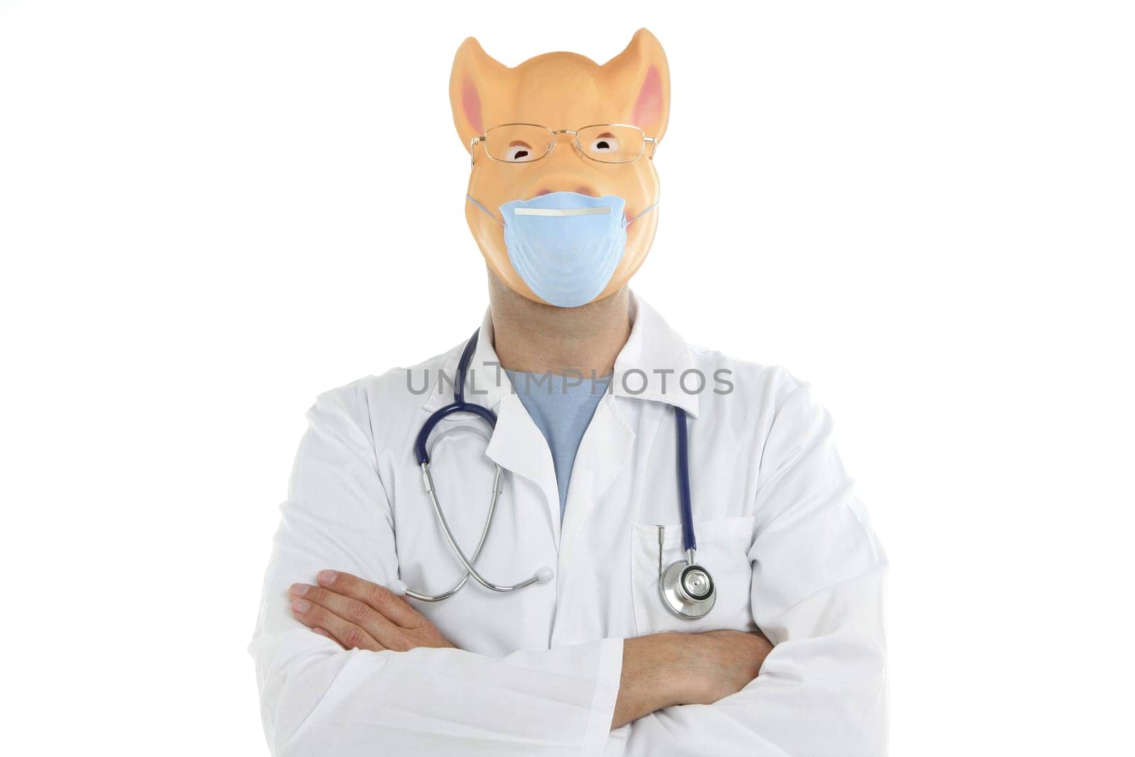 Doctor with pig mask as a swine flu metaphor, isolated on white