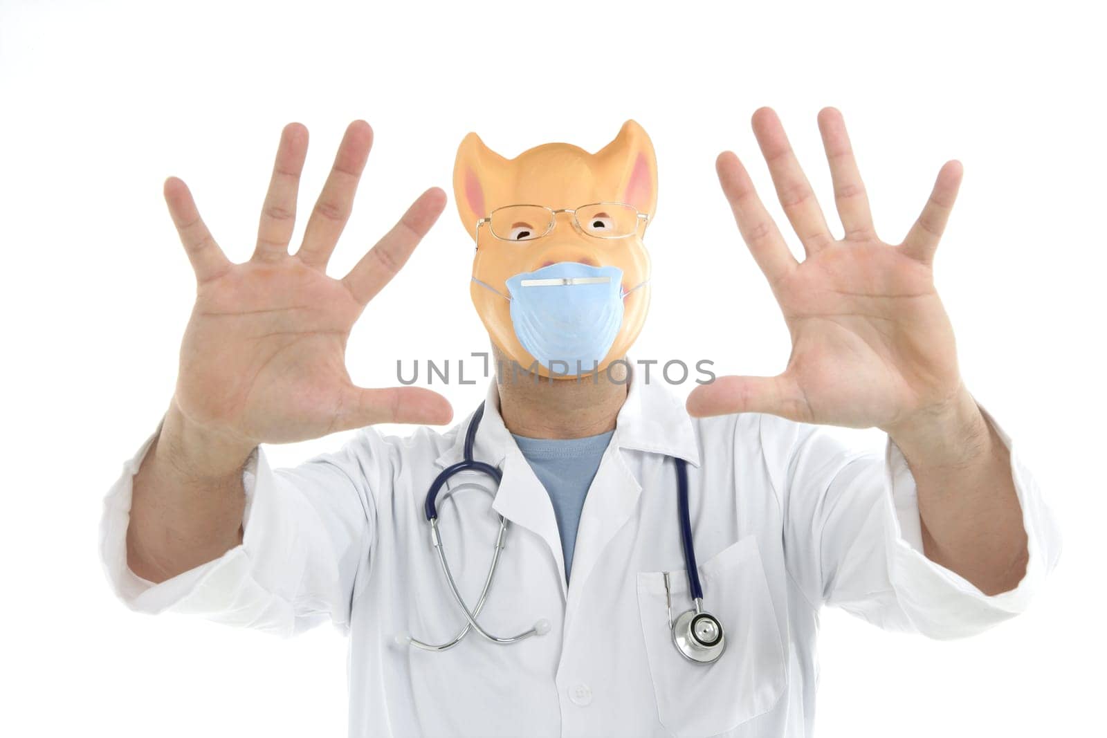 Doctor with pig mask as a swine flu metaphor, isolated on white
