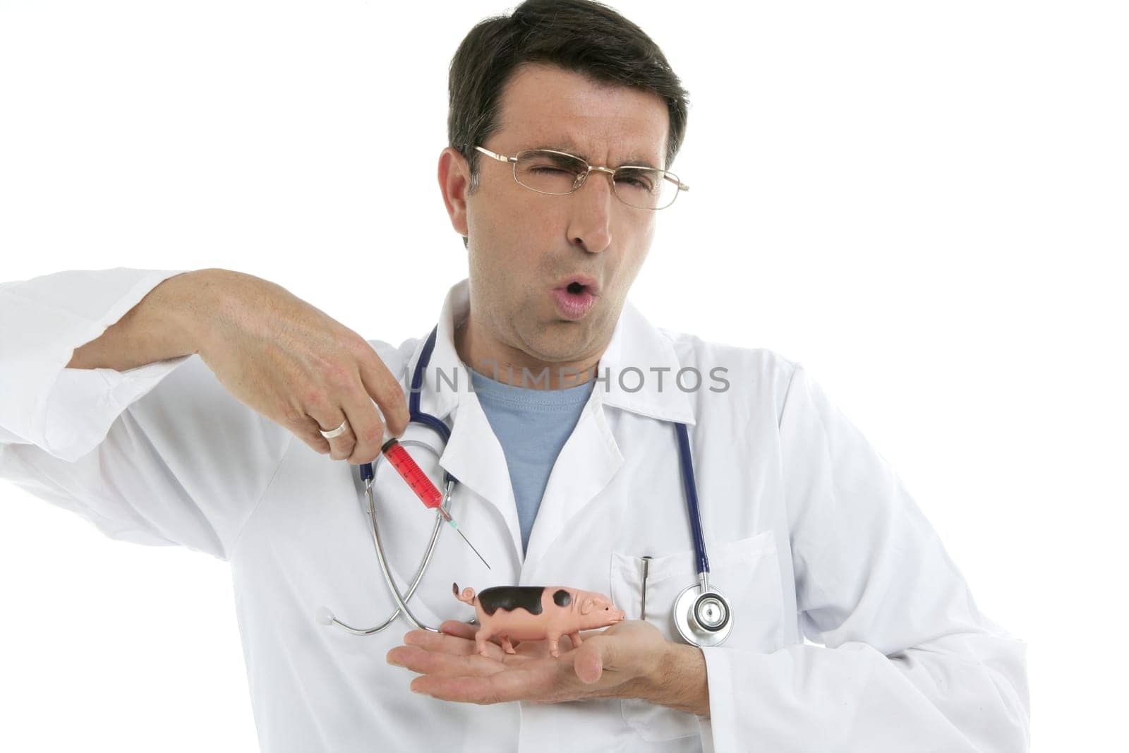 Male doctor holding swine flu vaccine syringe, metaphor