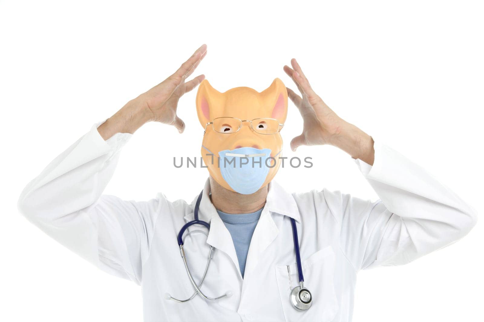 Doctor with pig mask as a swine flu metaphor, isolated on white