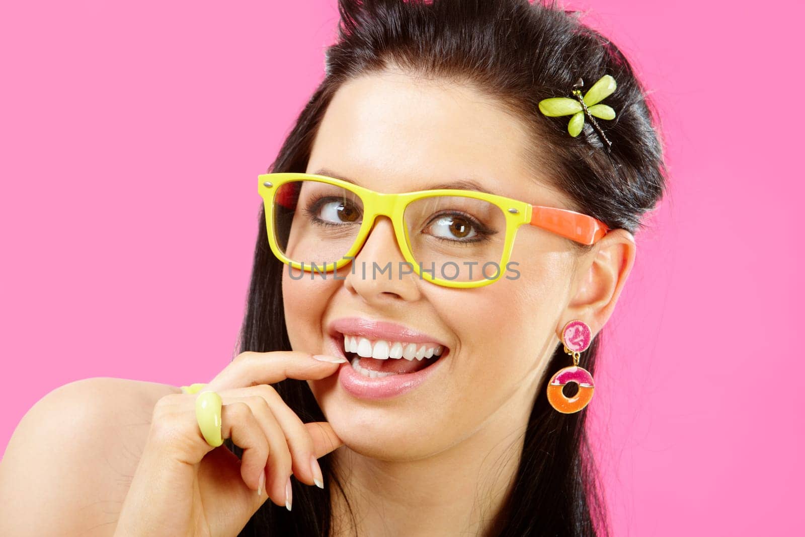Close-up of skittish woman with bijouterie
