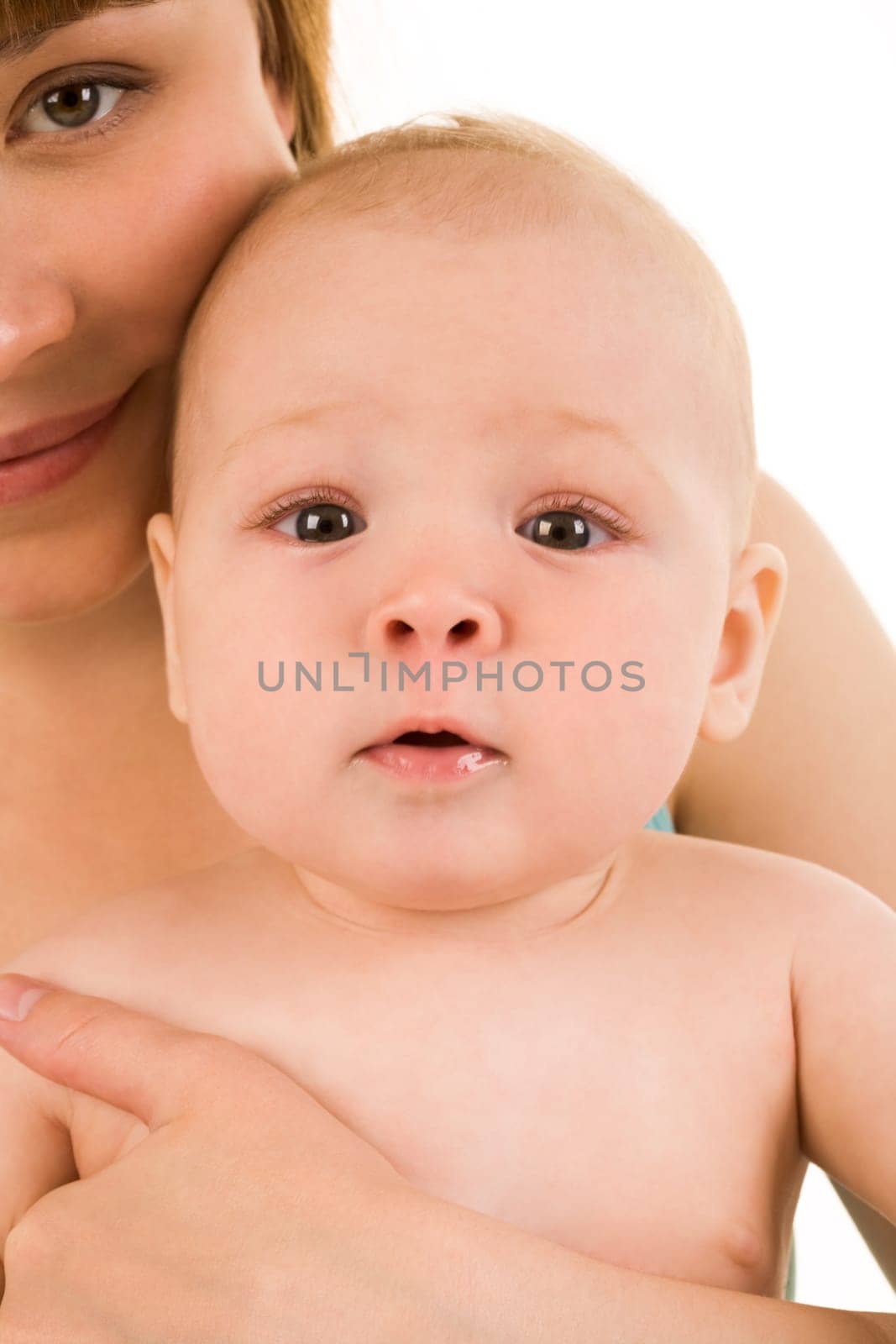 Image of pretty woman with her little baby on white background