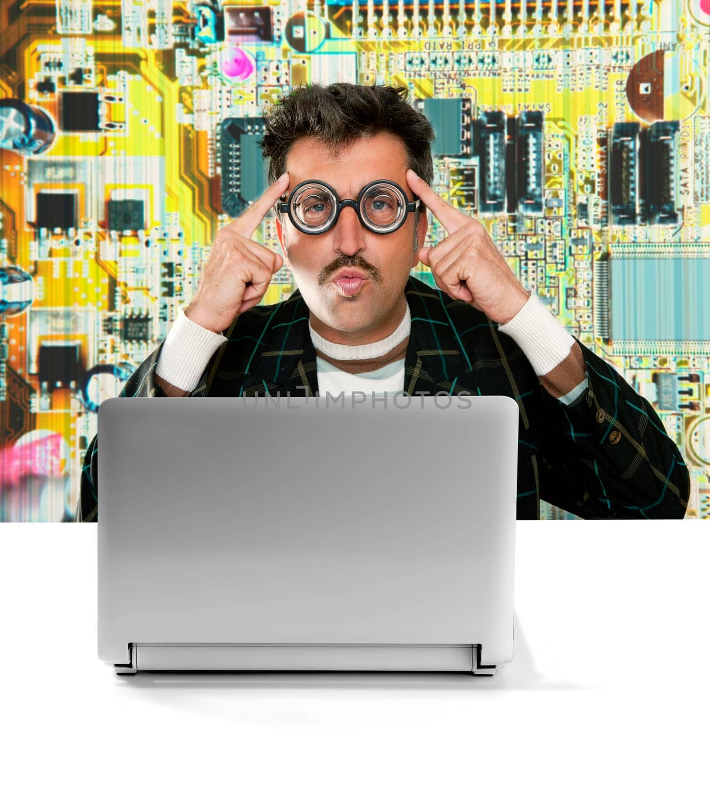 Nerd pensive man with myopic glasses looking for solution on electronics technology problem