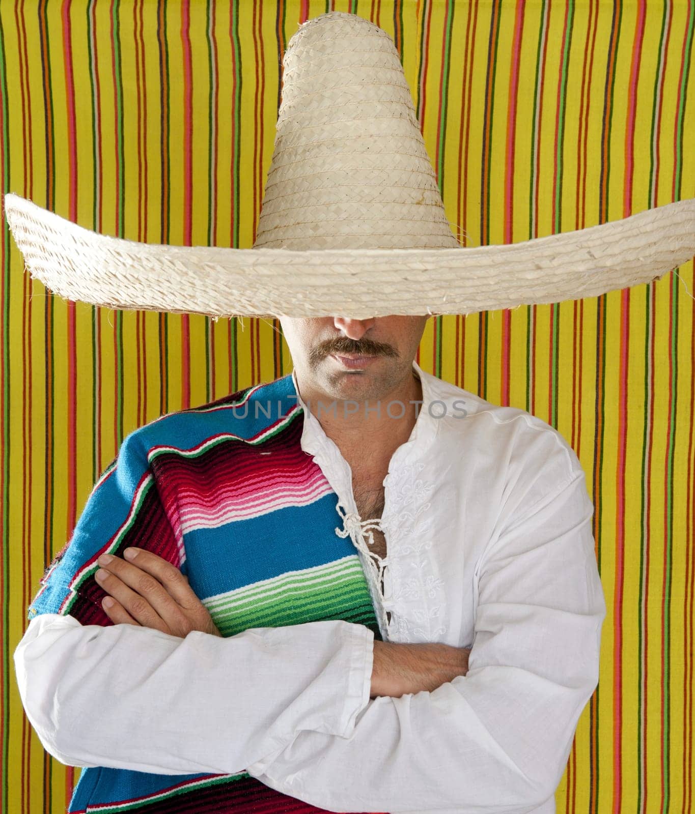Mexican mustache man sombrero portrait shirt closeup holding serape