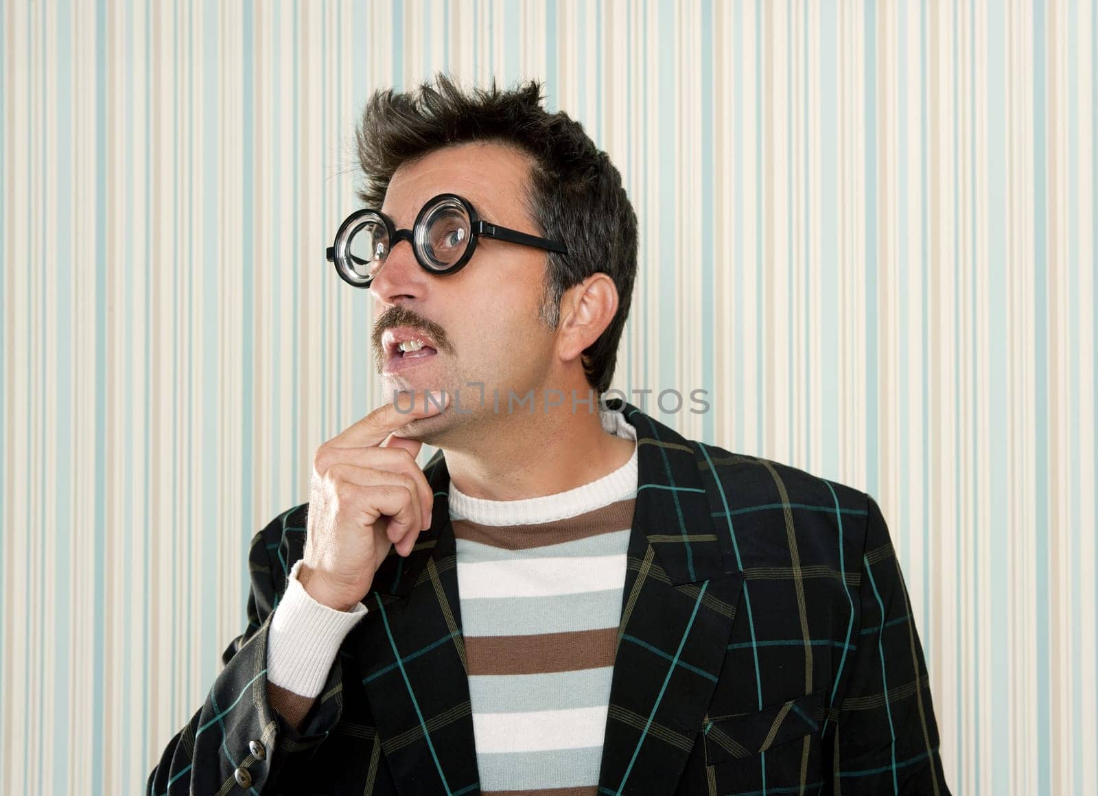 crazy nerd man myopic thinking gesture expression funny glasses man