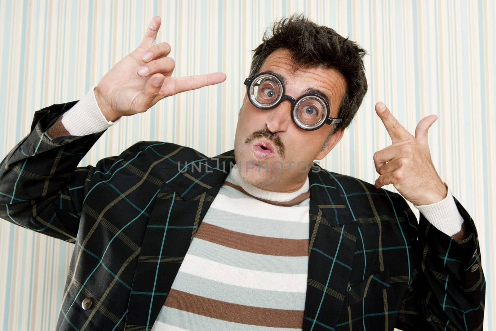 nerd silly crazy myopic glasses man funny gesture mustache tacky retro