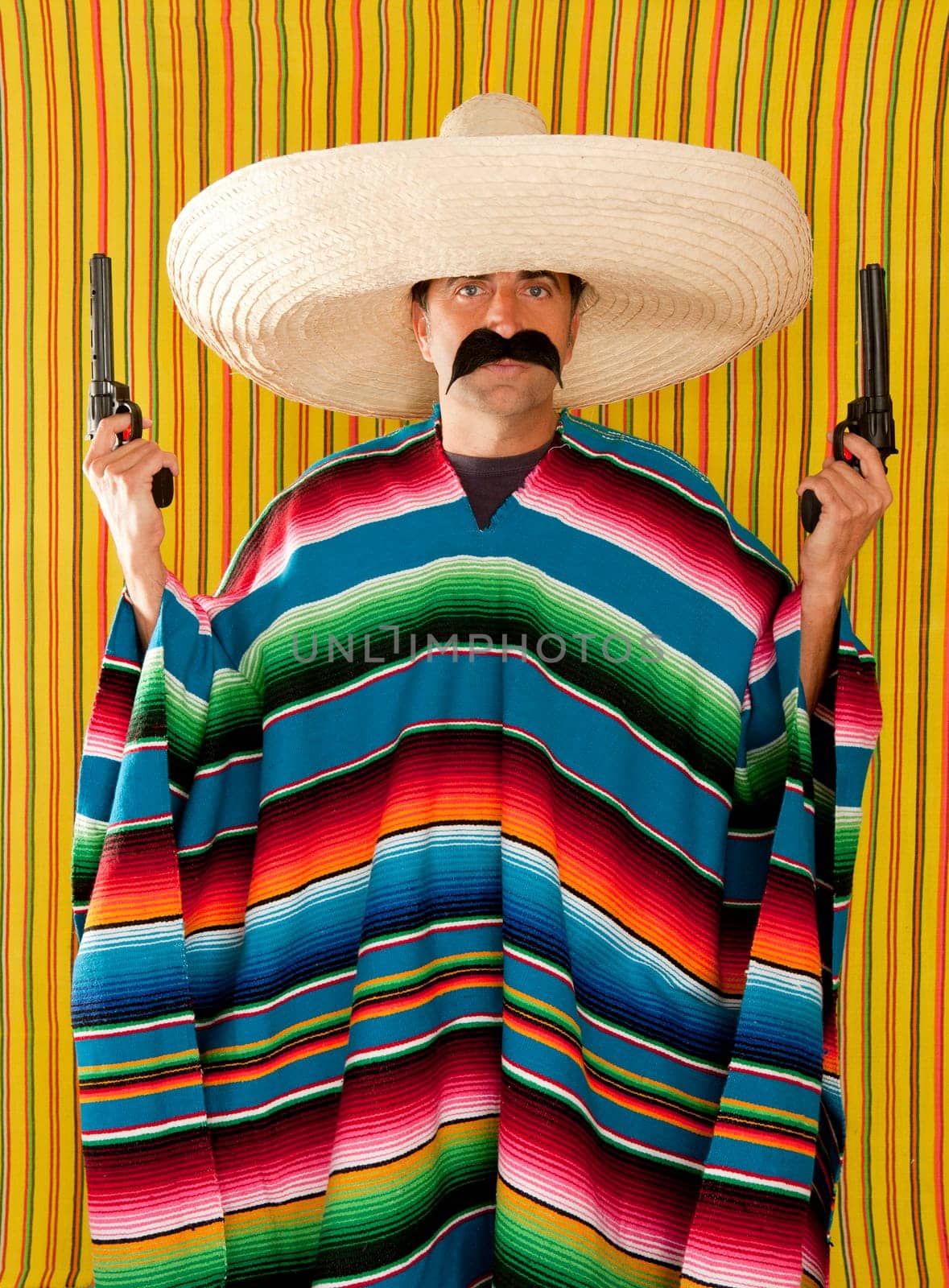 Bandit mustache Mexican gunman with revolver  sombreroand  poncho