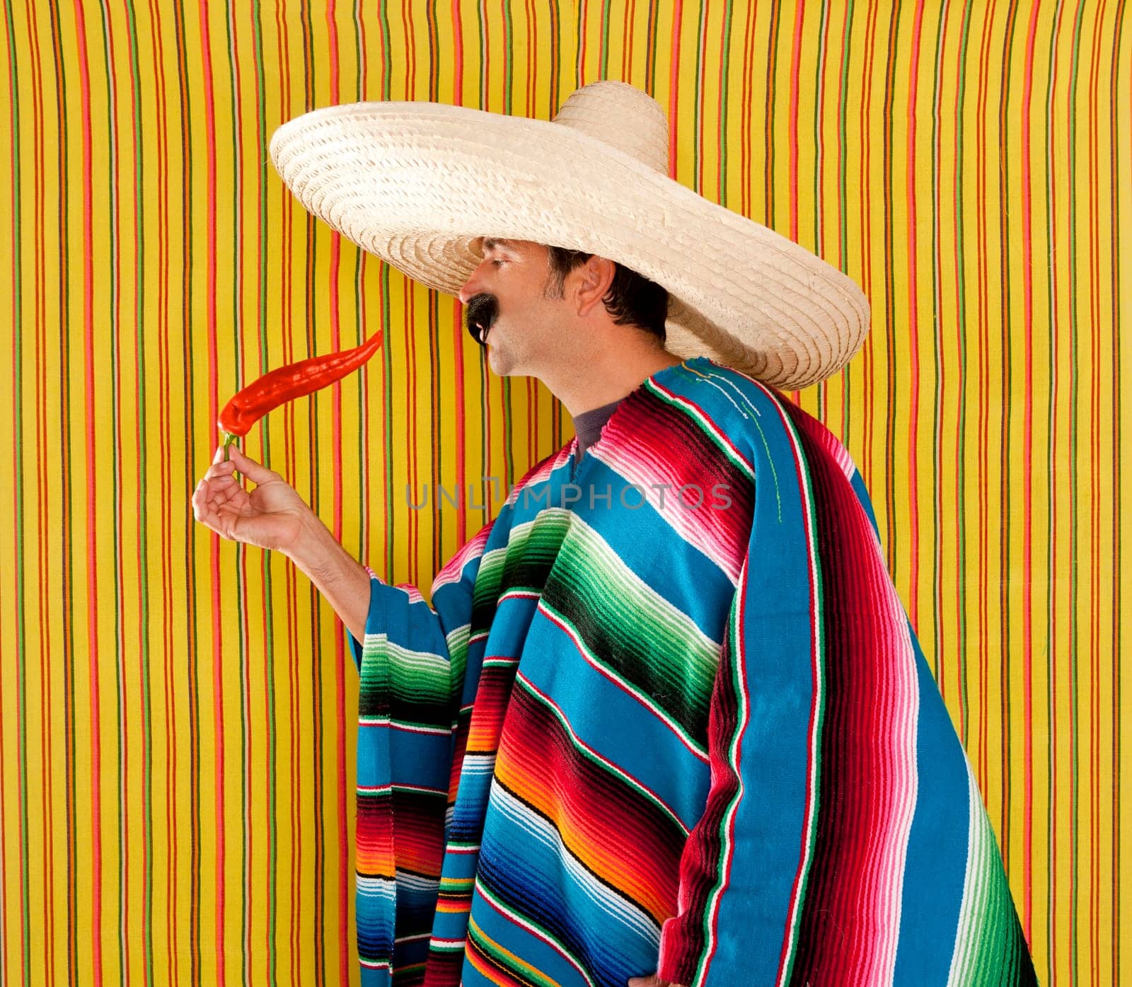 Mexican typical man eating chili hot pepper with poncho on yellow background