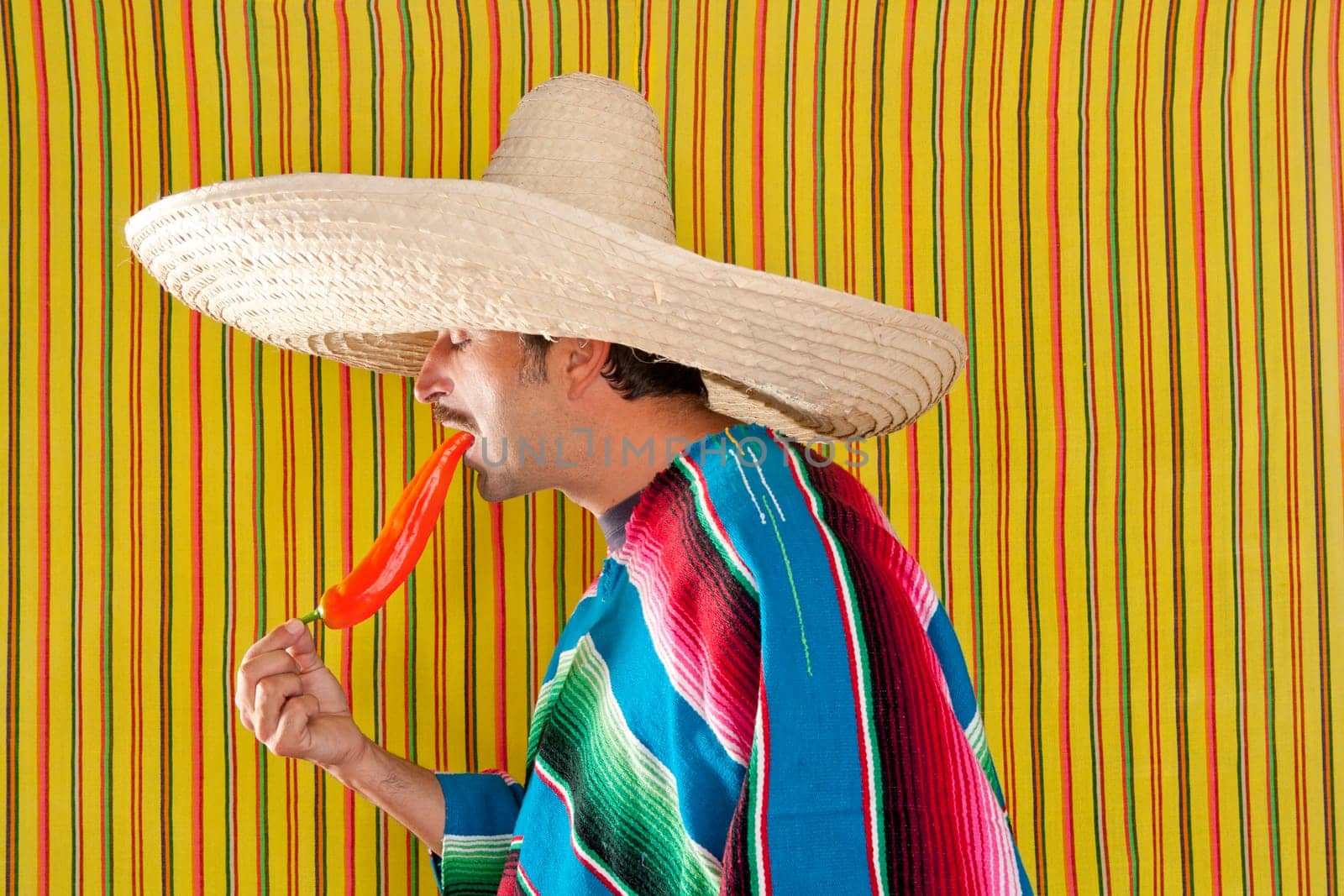 Mexican typical man eating chili hot pepper with poncho on yellow background