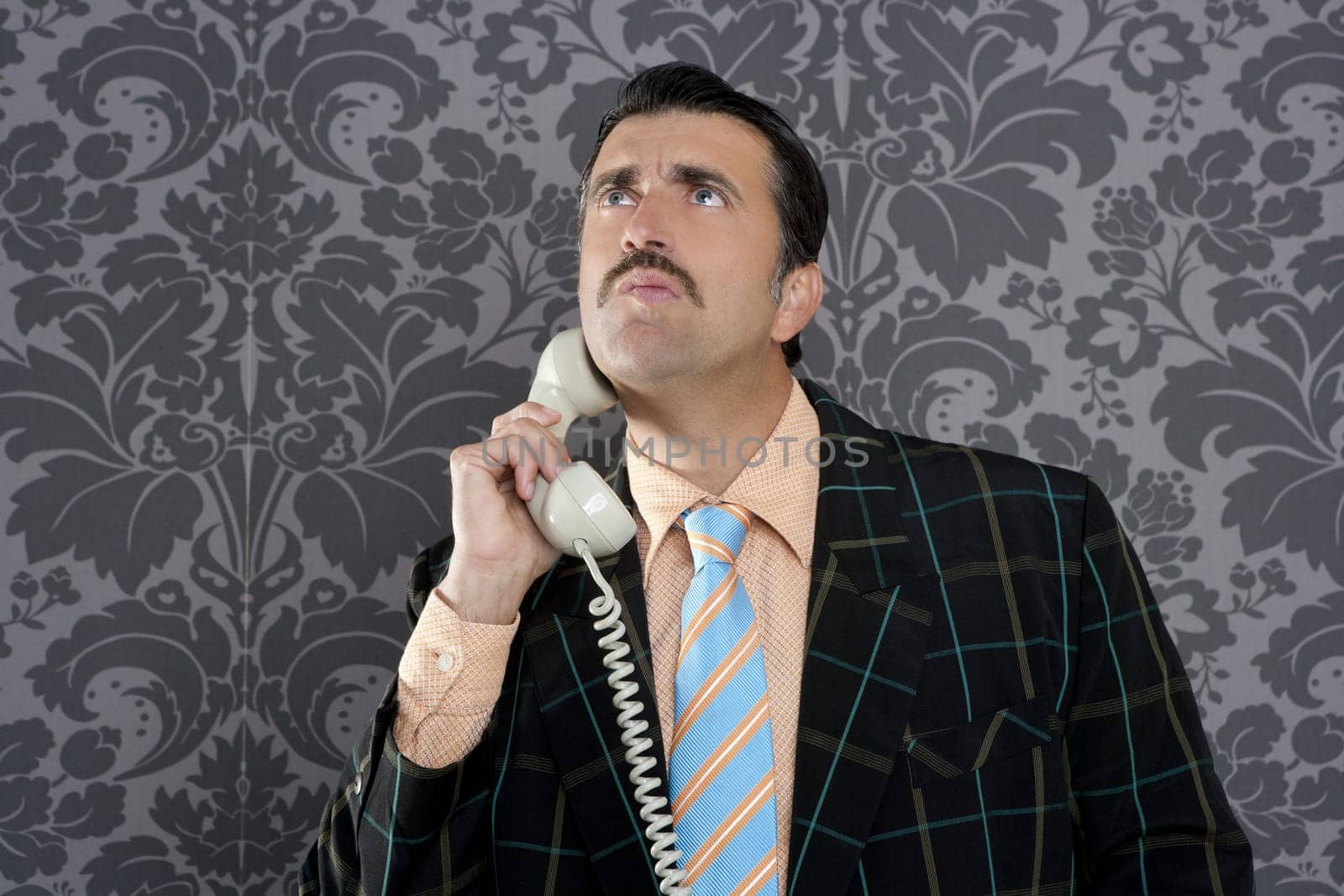 Nerd scared expression businessman telephone call mustache retro