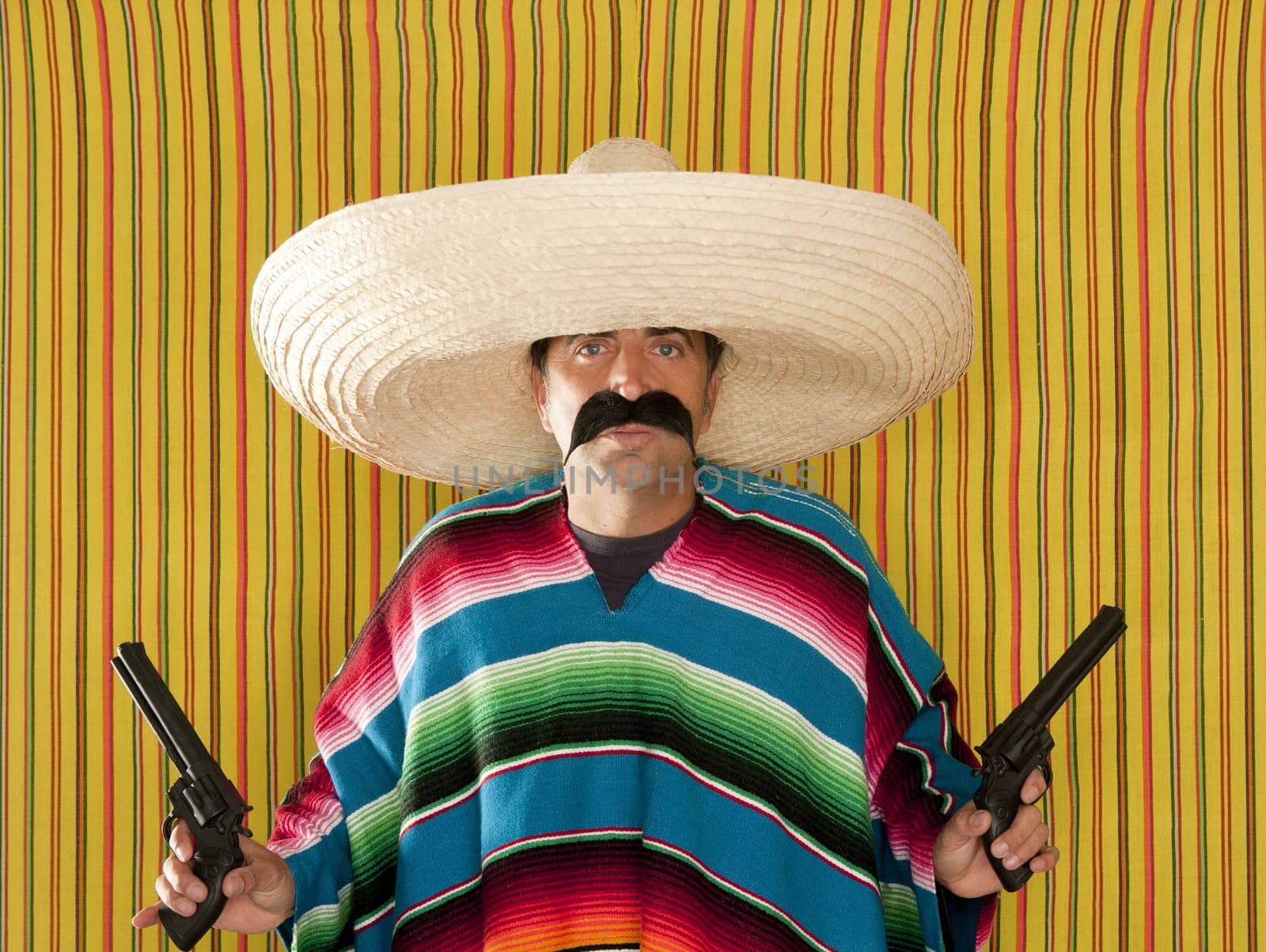 Bandit Mexican revolver mustache gunman sombrero poncho serape