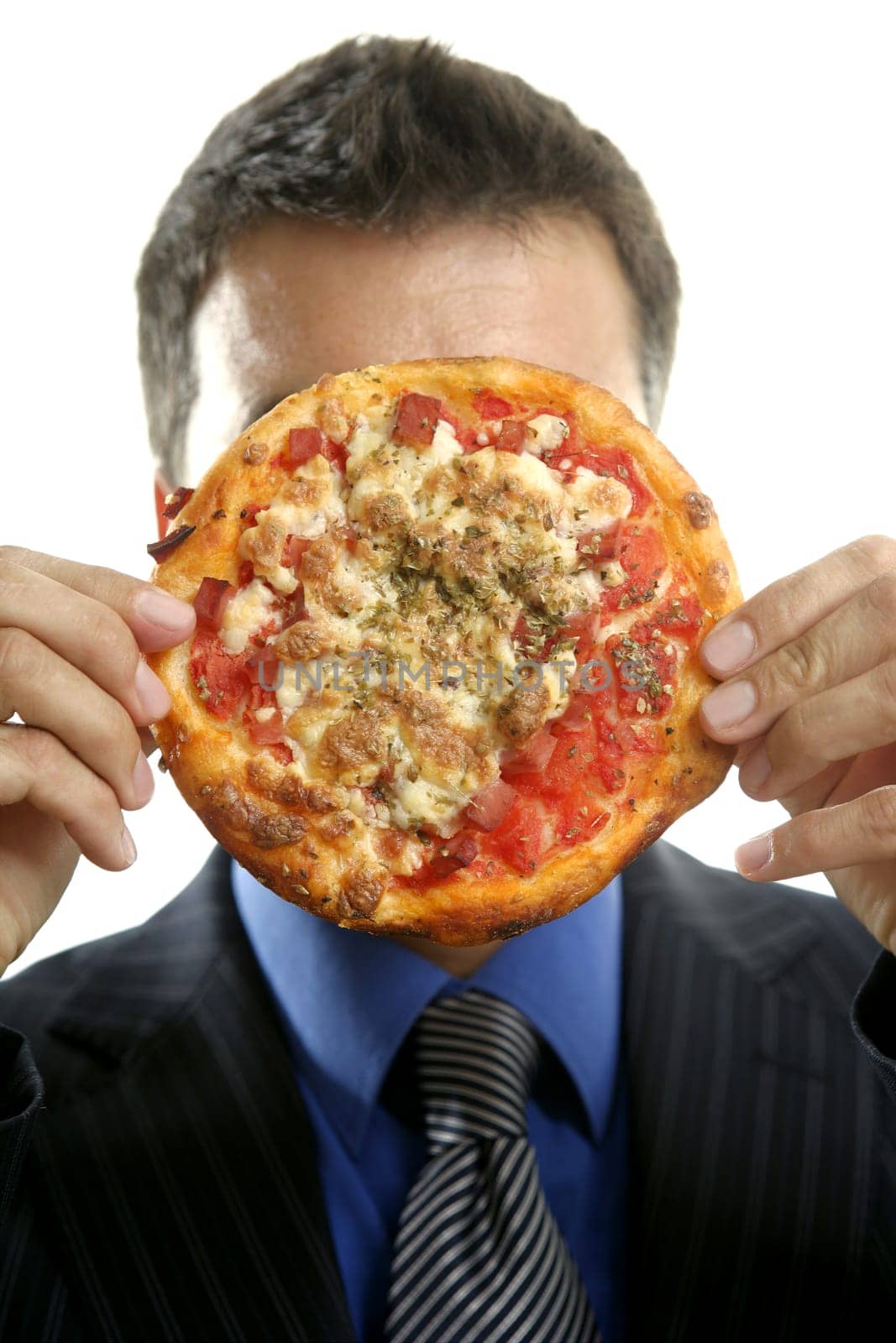 businessman and pizza junk fast food, studio white background