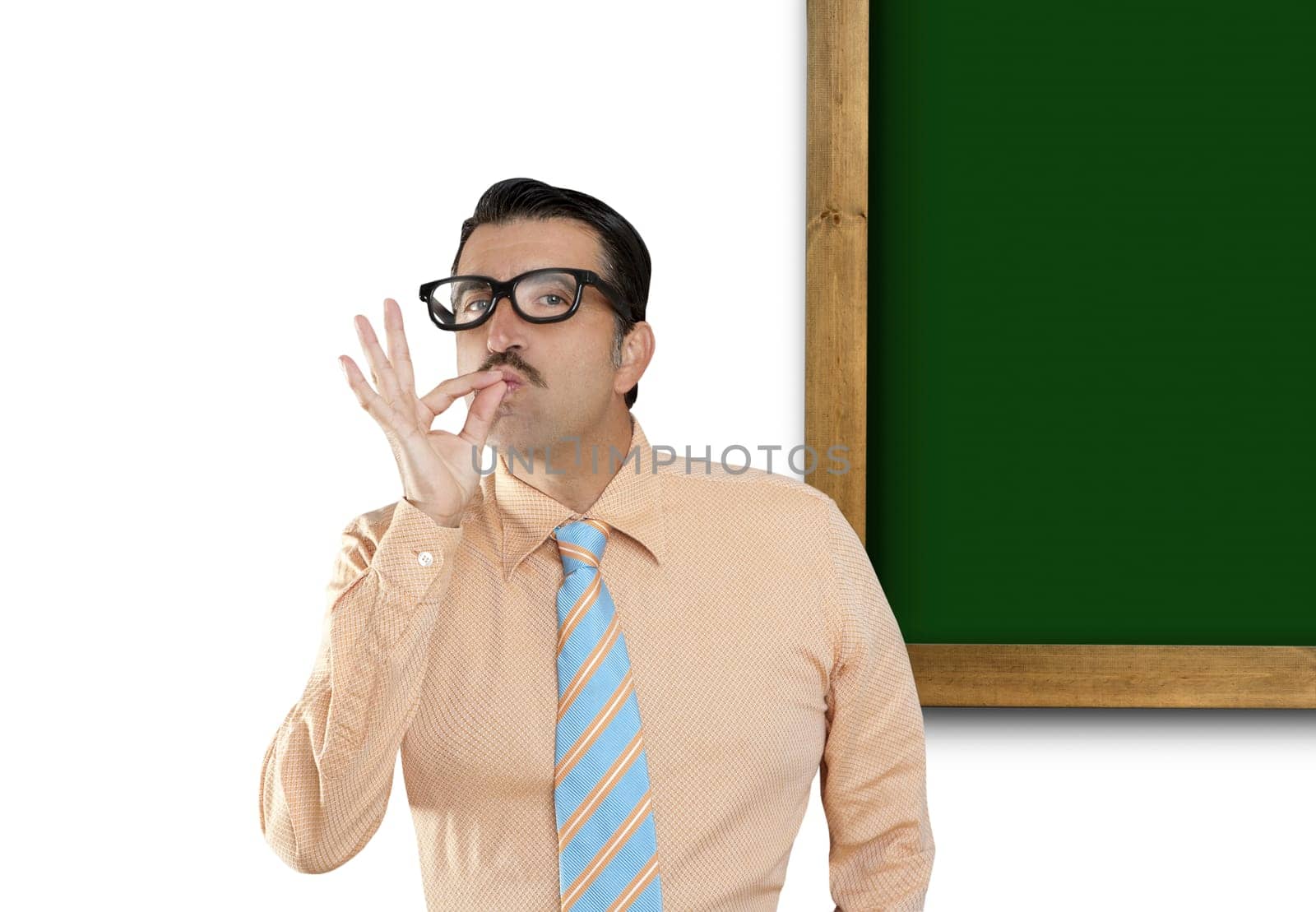 genius nerd with a blank copyspace green blackboard and positive gesture