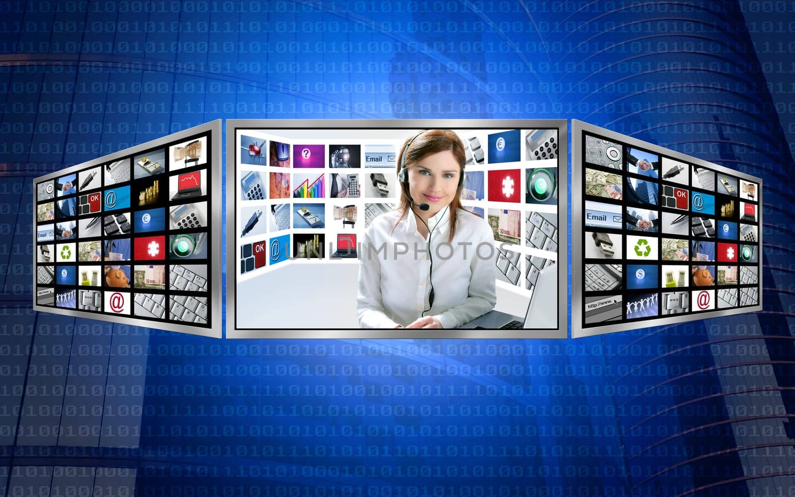 Beautiful news tv redhead woman on 3d display multi monitor