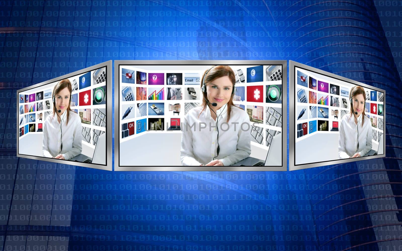 Beautiful news tv redhead woman on 3d display multi monitor