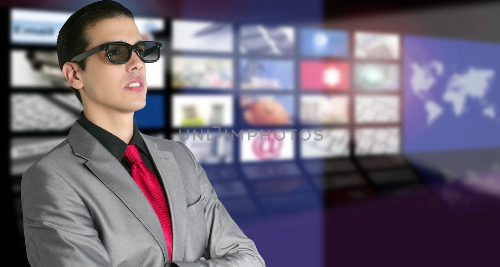 Cinema in new 3D glasses with boy spectator watching movie on cinema