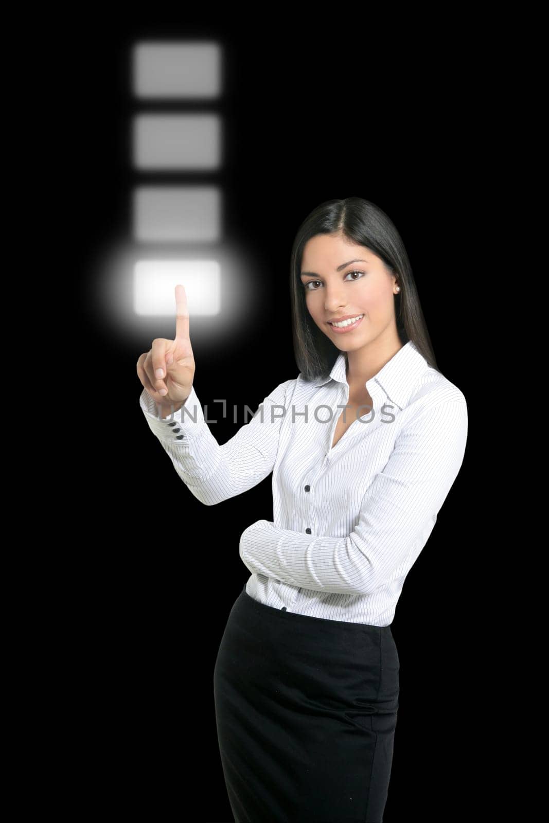 Brunette businesswoman touching virtual pad transparent key with finger