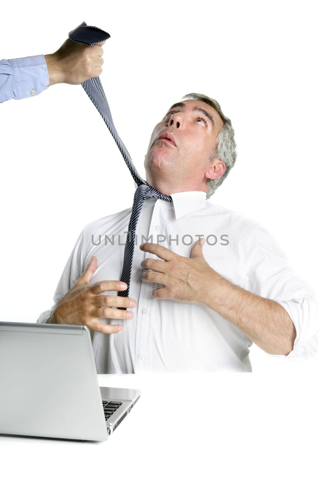 tie hangman senior businessman stressed white desk background