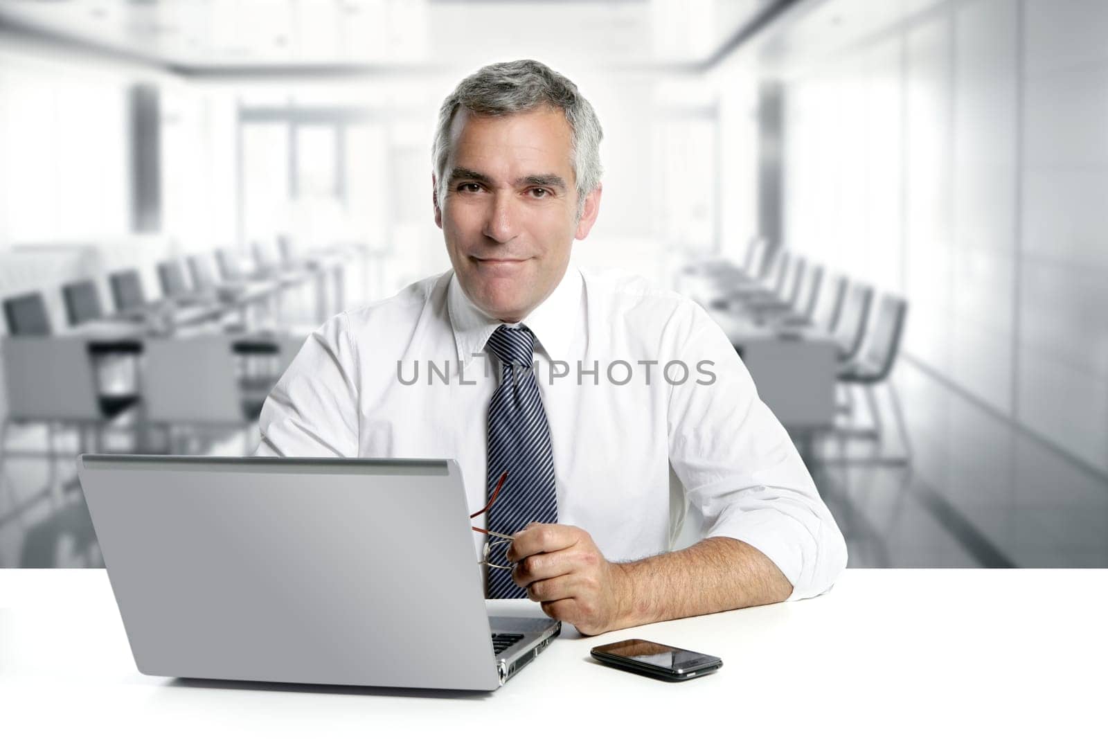 businessman senior gray hair working laptop interior modern white office