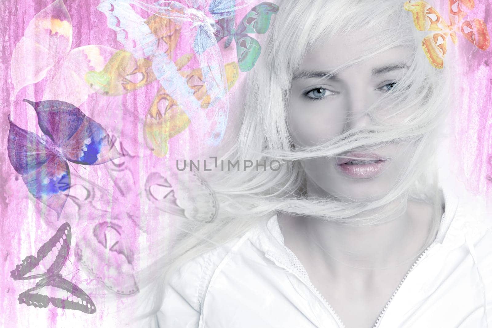 blonde girl wind long hair butterflies pink grunge background