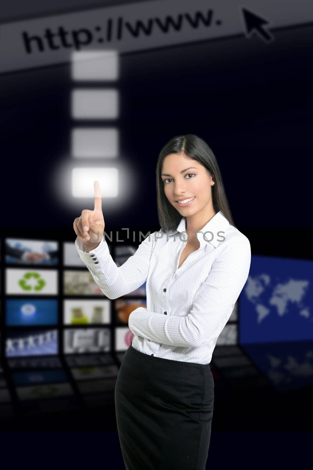 Brunette businesswoman touching virtual pad transparent key with finger