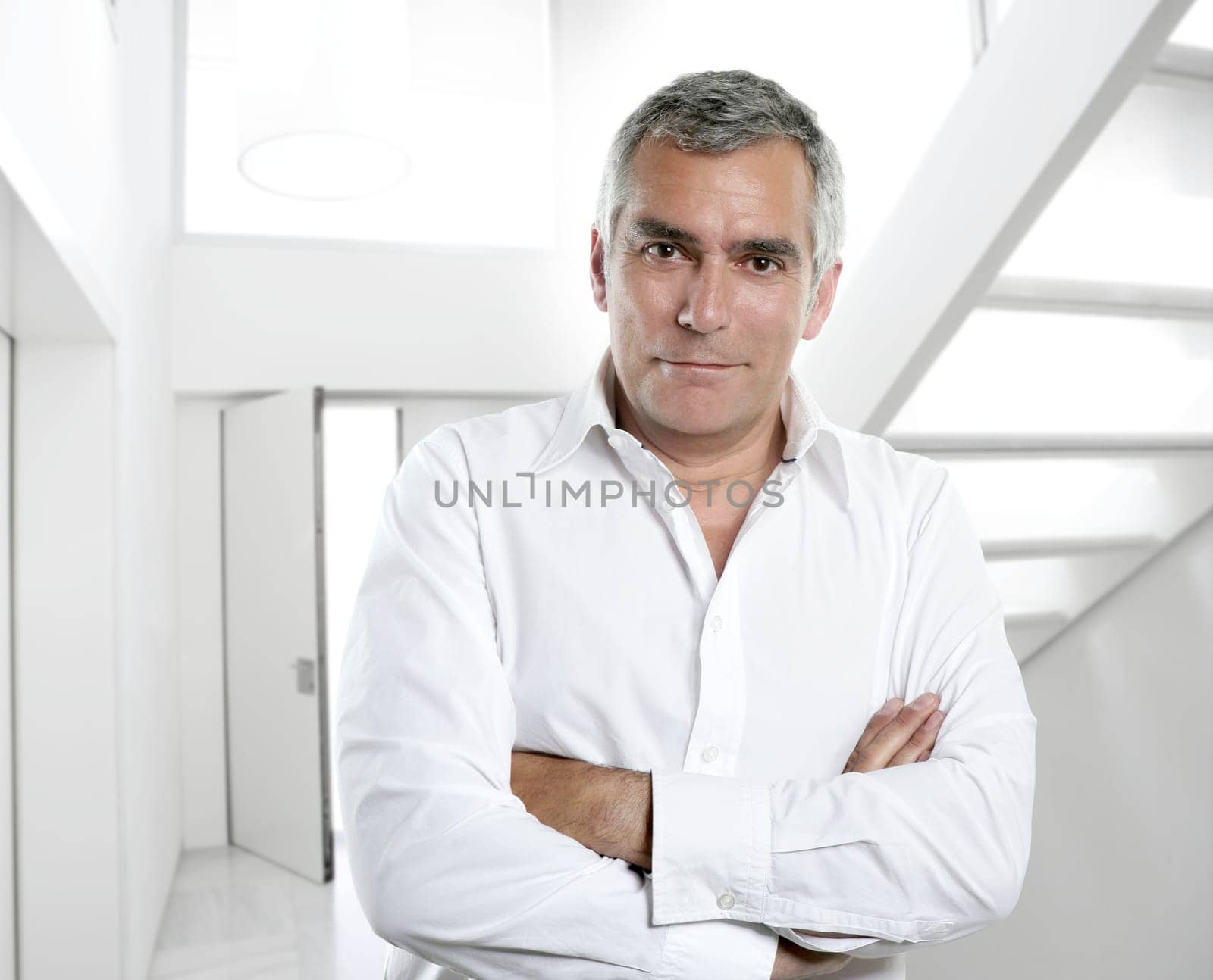 senior expertise gray hair businessman posing interior white modern office