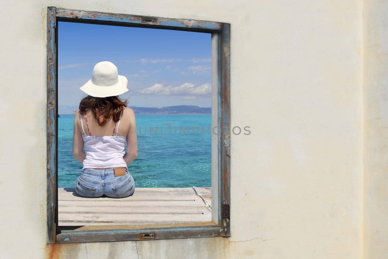 tourist woman view window sit tropical sea turquoise Formentera