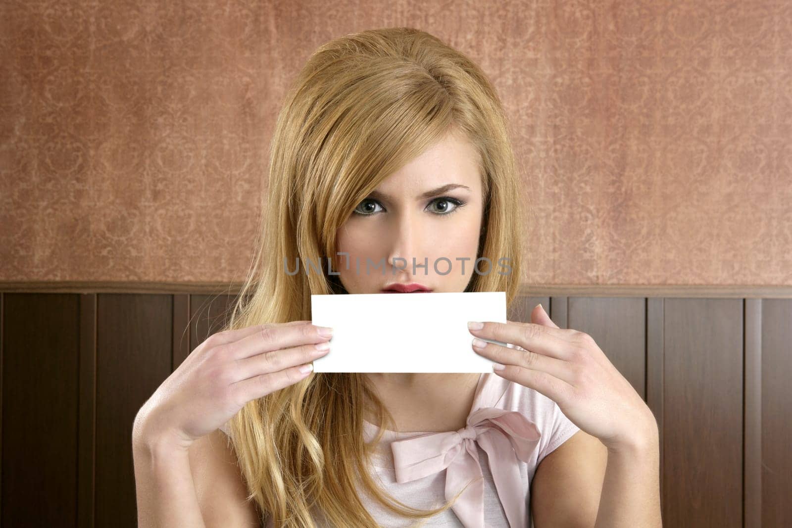 beautiful retro woman copyspace card in hands vintage wooden office