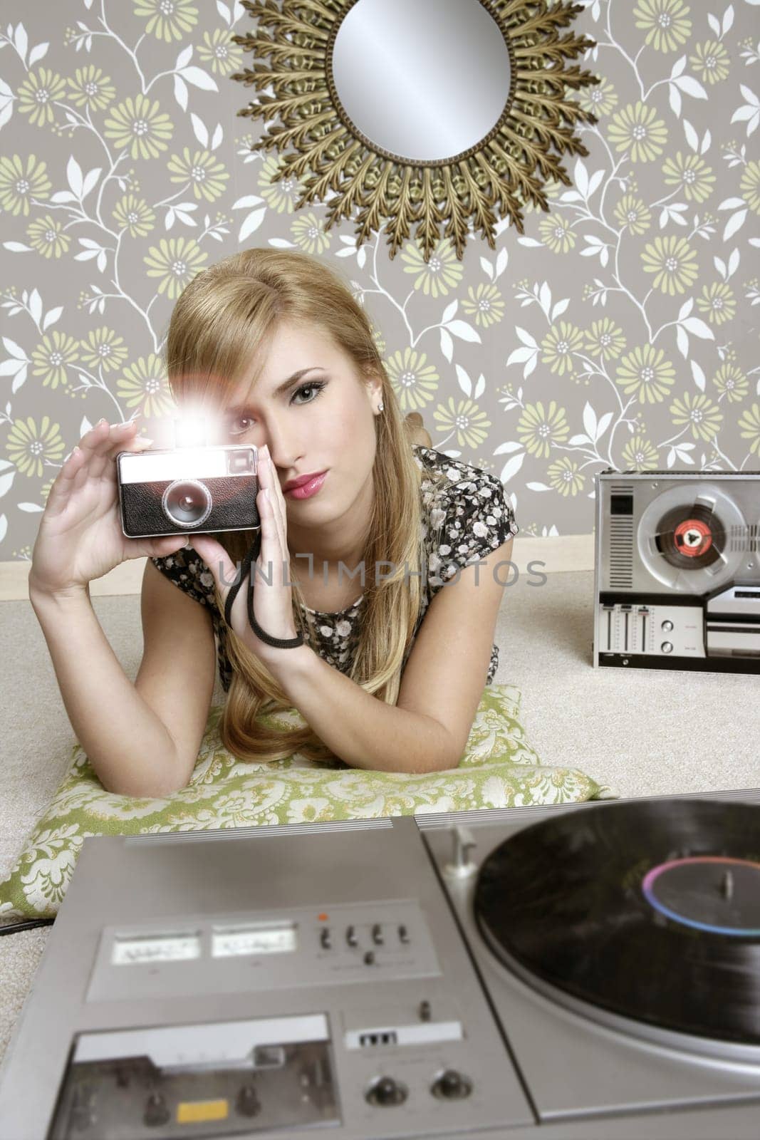 camera retro photo woman in vintage room wallpaper