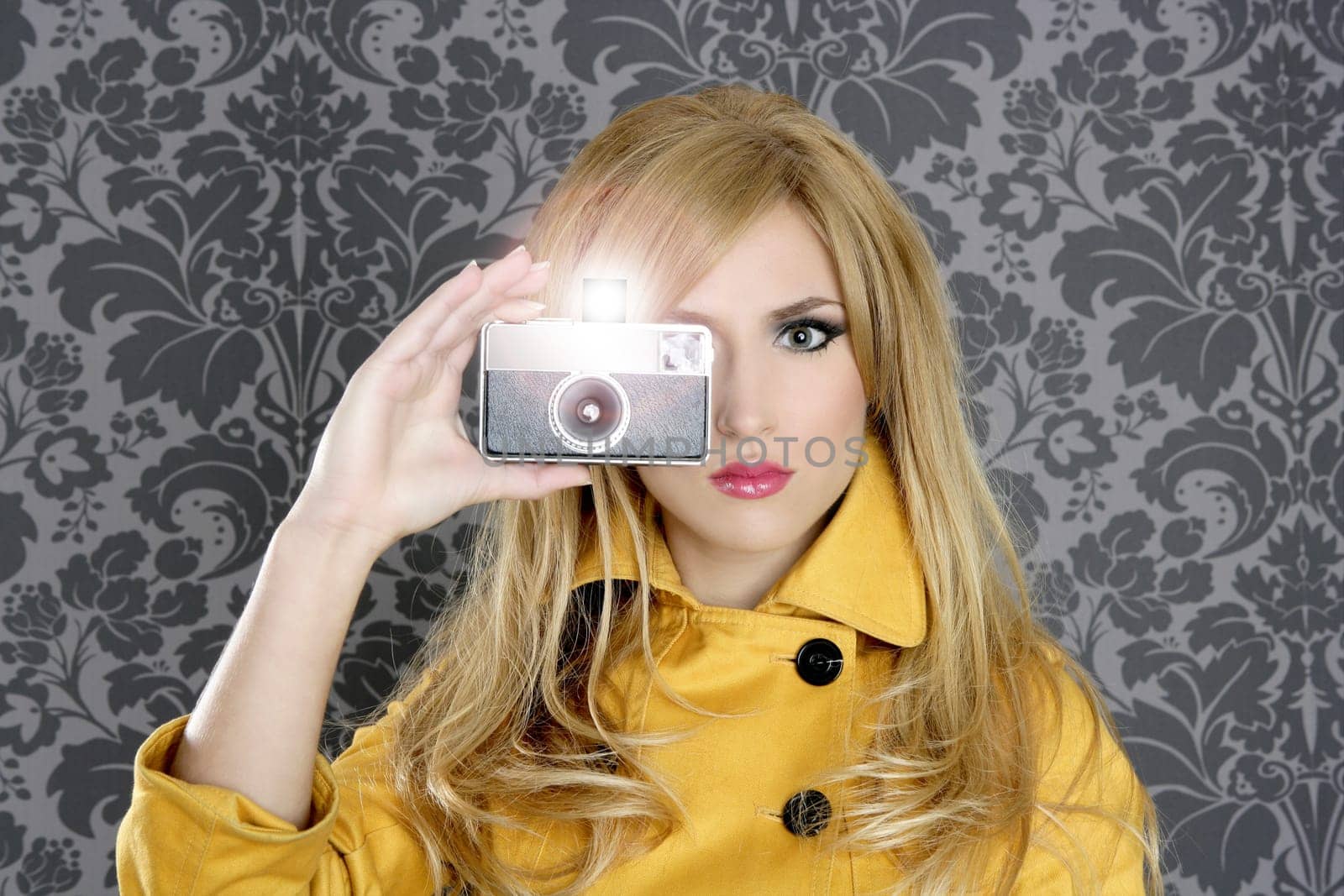 fashion photographer retro camera reporter woman vintage wallpaper yellow coat