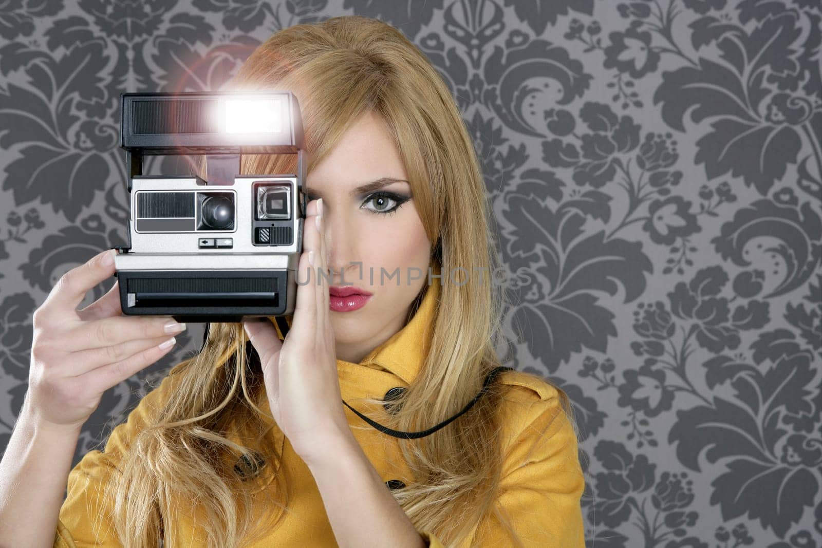 fashion photographer retro camera reporter woman vintage wallpaper yellow coat