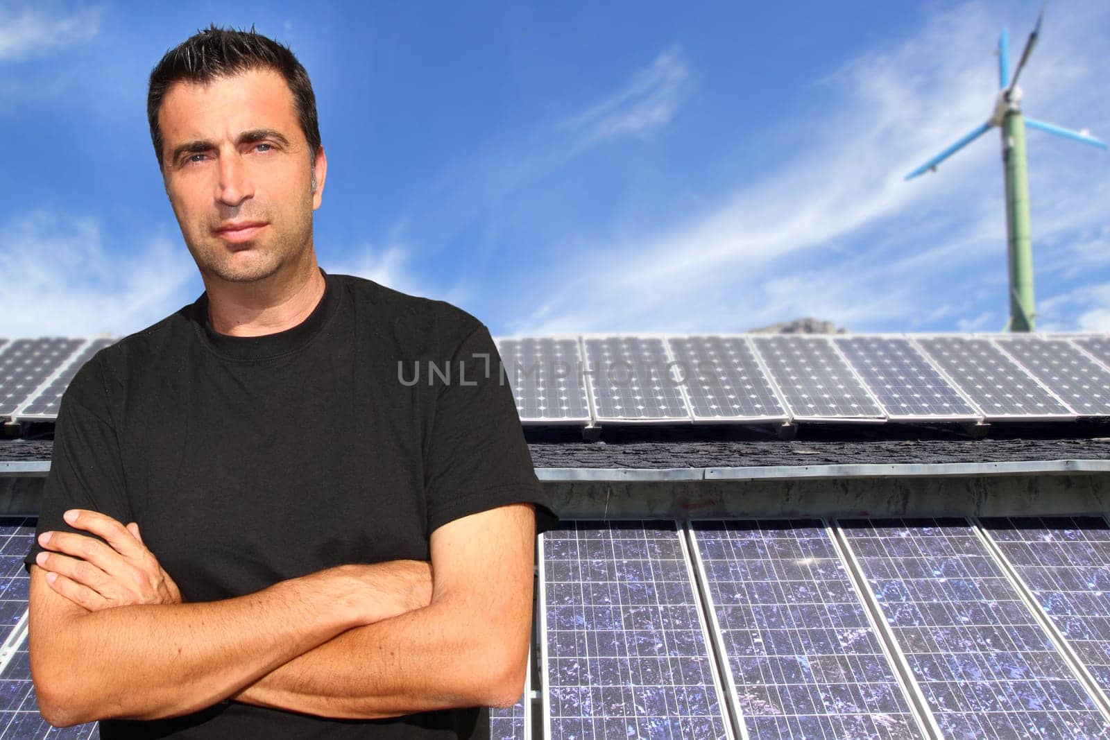 Green electric energy solar plates man portrait ecology