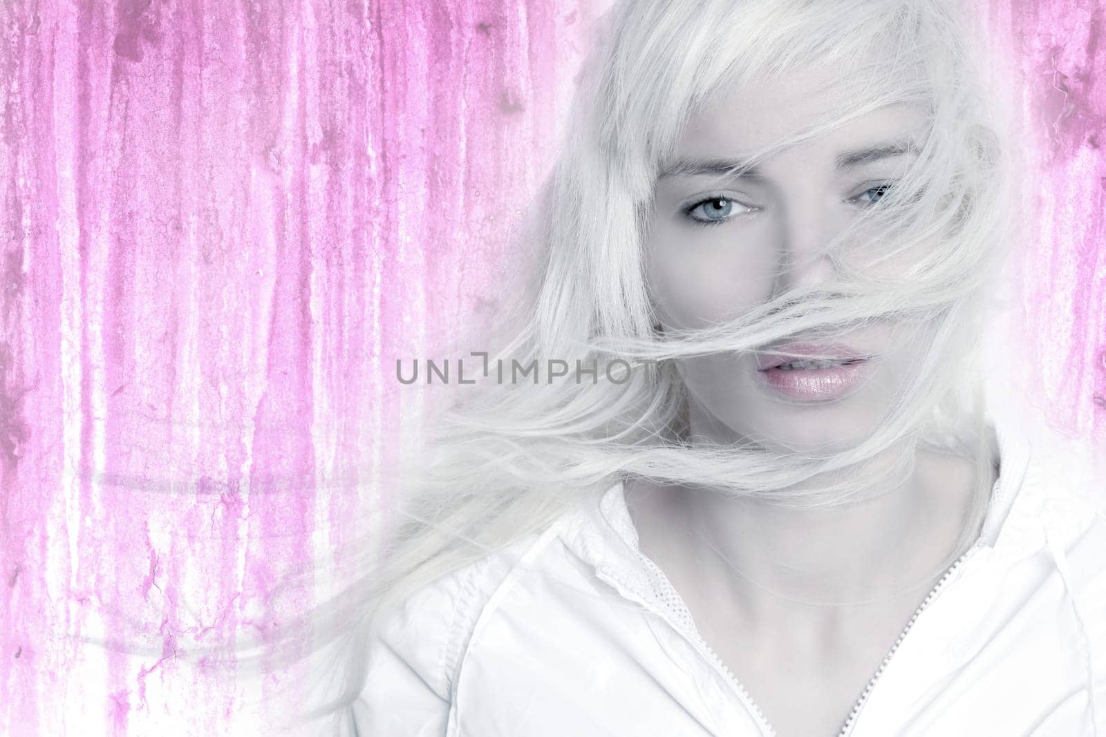 blonde girl wind long hair flying pink grunge background