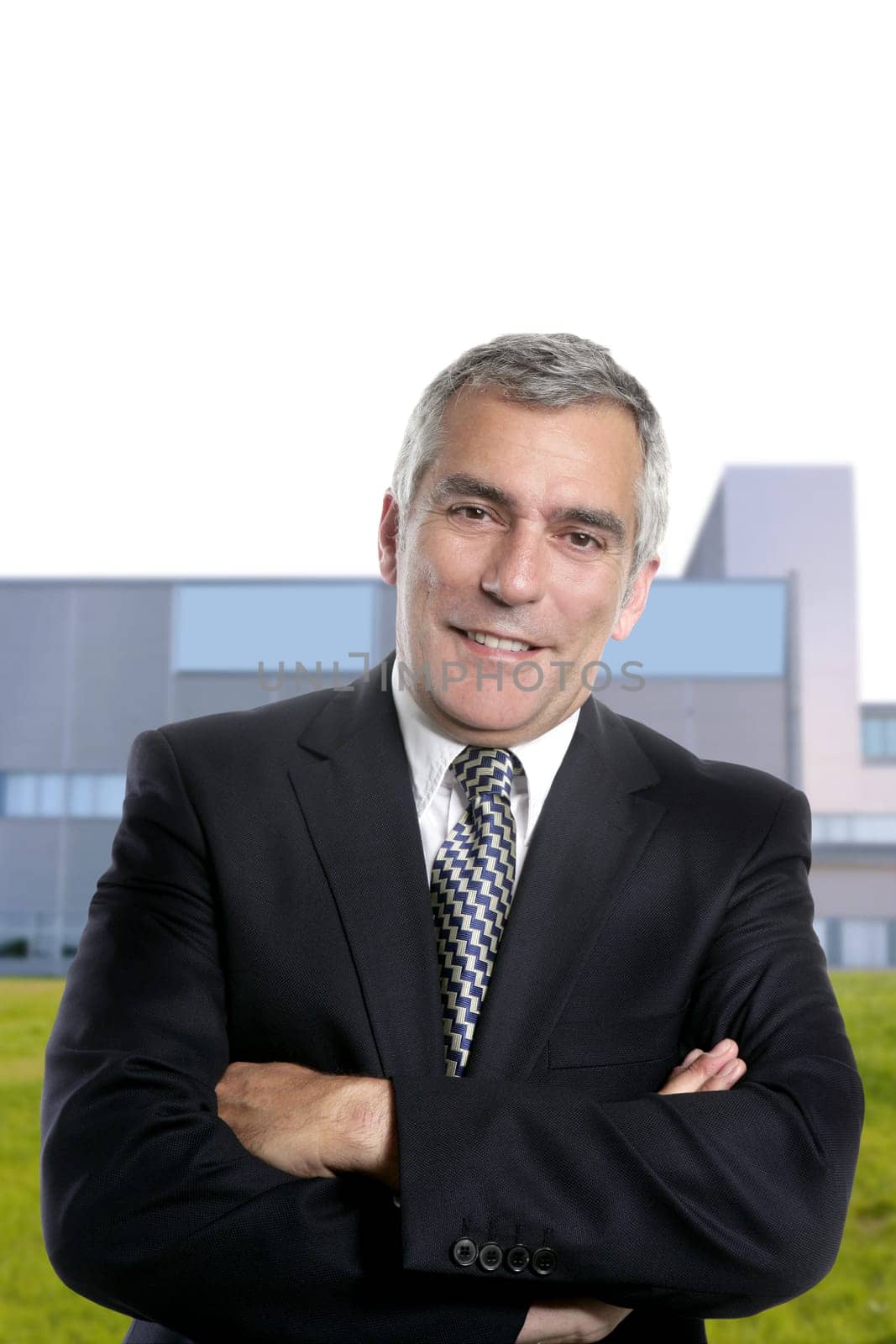 happy senior suit tie formal businessman smiling office gray hair