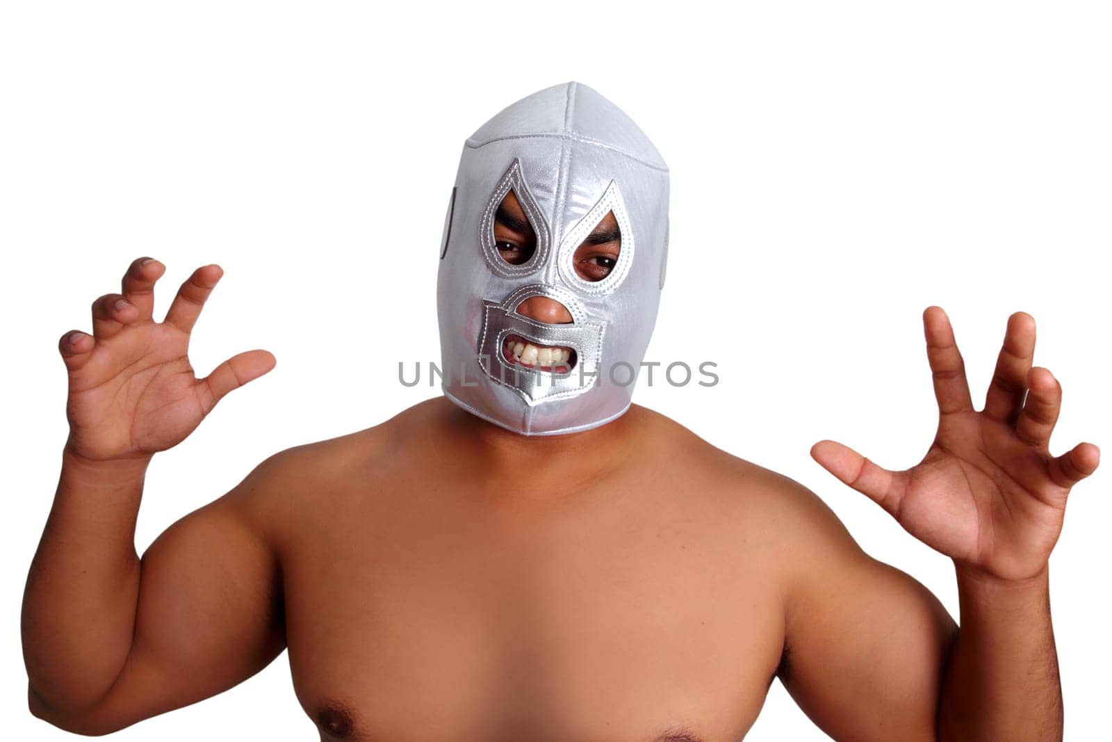 mexican wrestling mask silver fighter gesture isolated on white