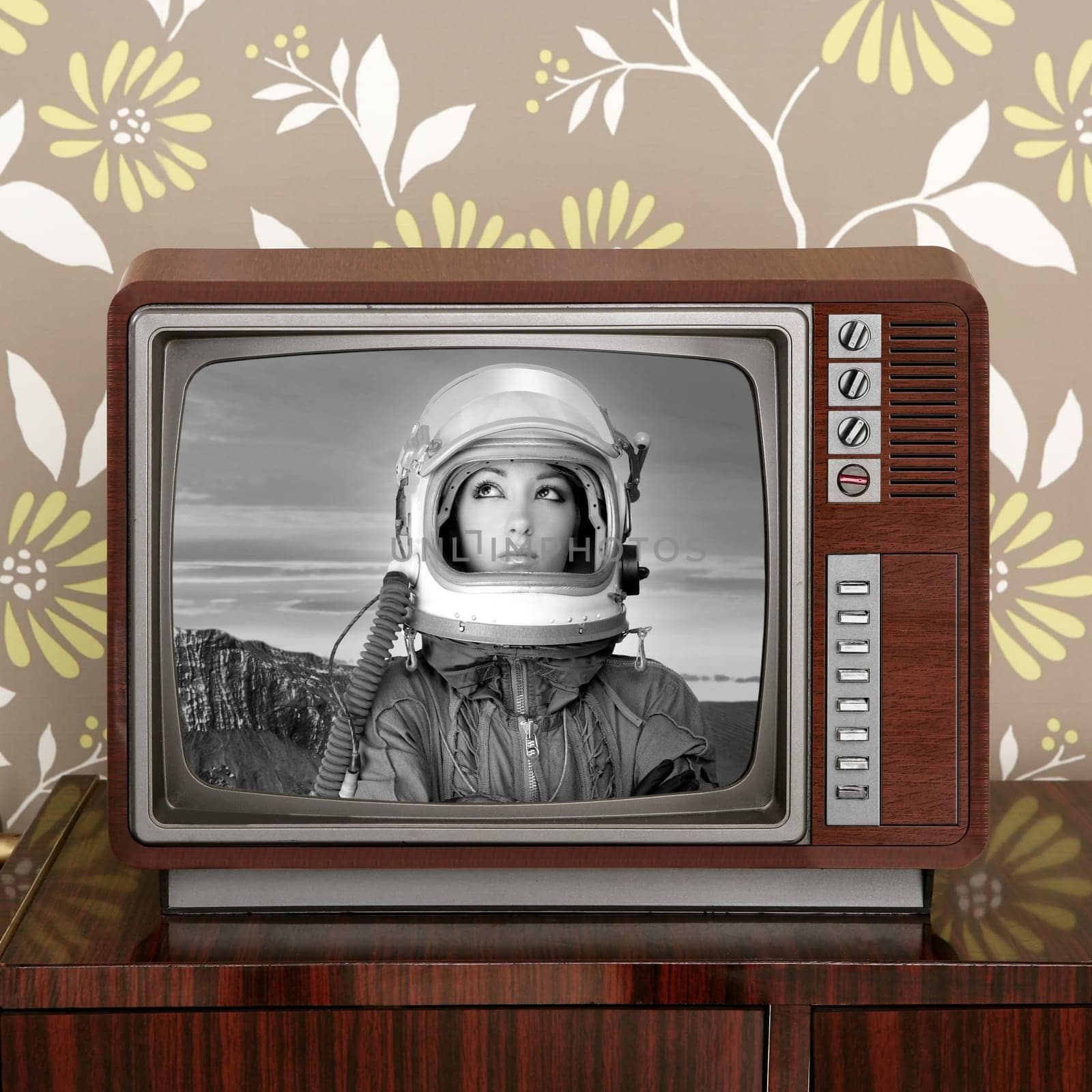 space odyssey mars astronaut on retro 60s tv moon discovery metaphor