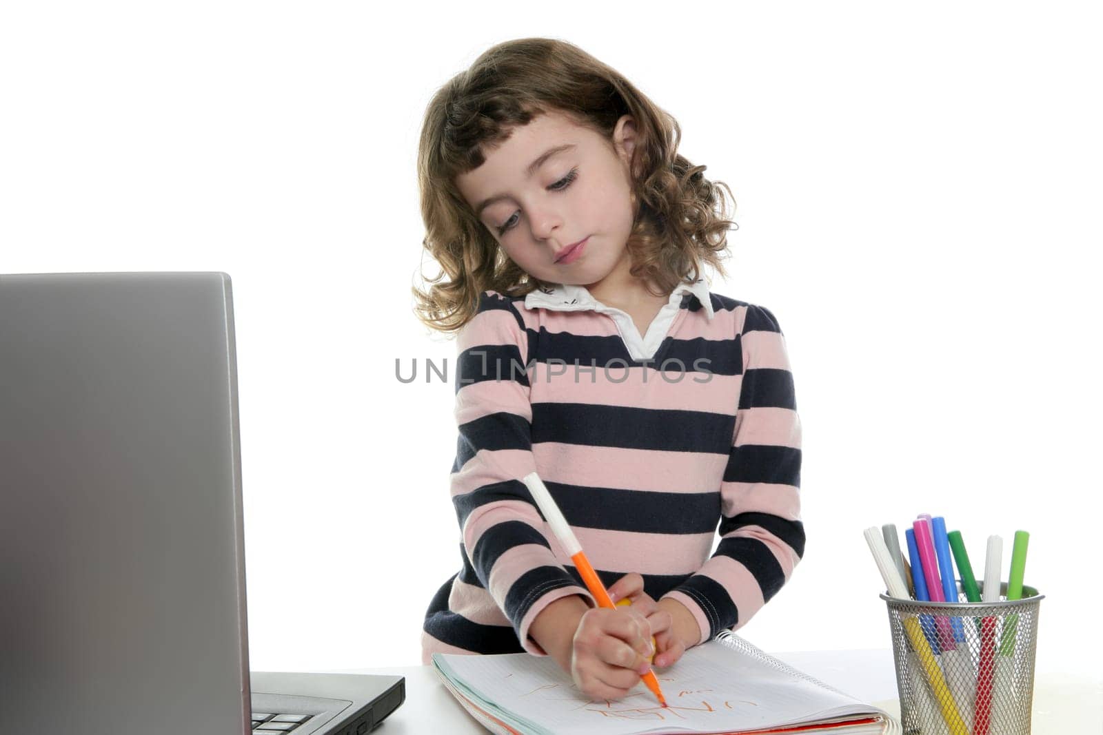 Drawing girl with marker on desk with laptop white background