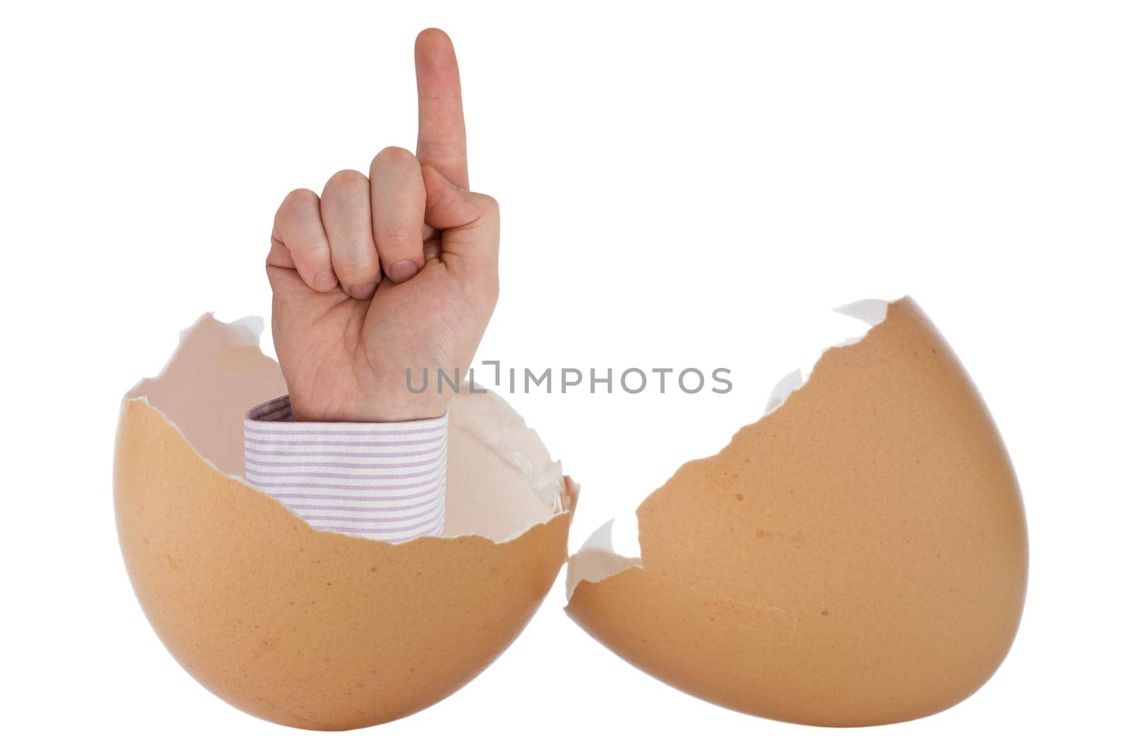 Birth of new idea. Broken egg with hand on white background