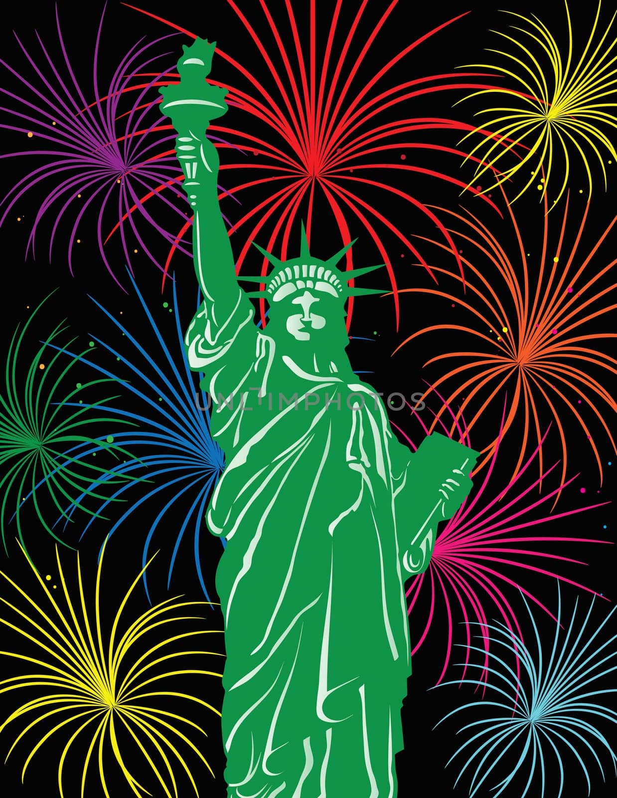 Statue of Liberty on Staten Island in New York City with Fireworks Background Illustration