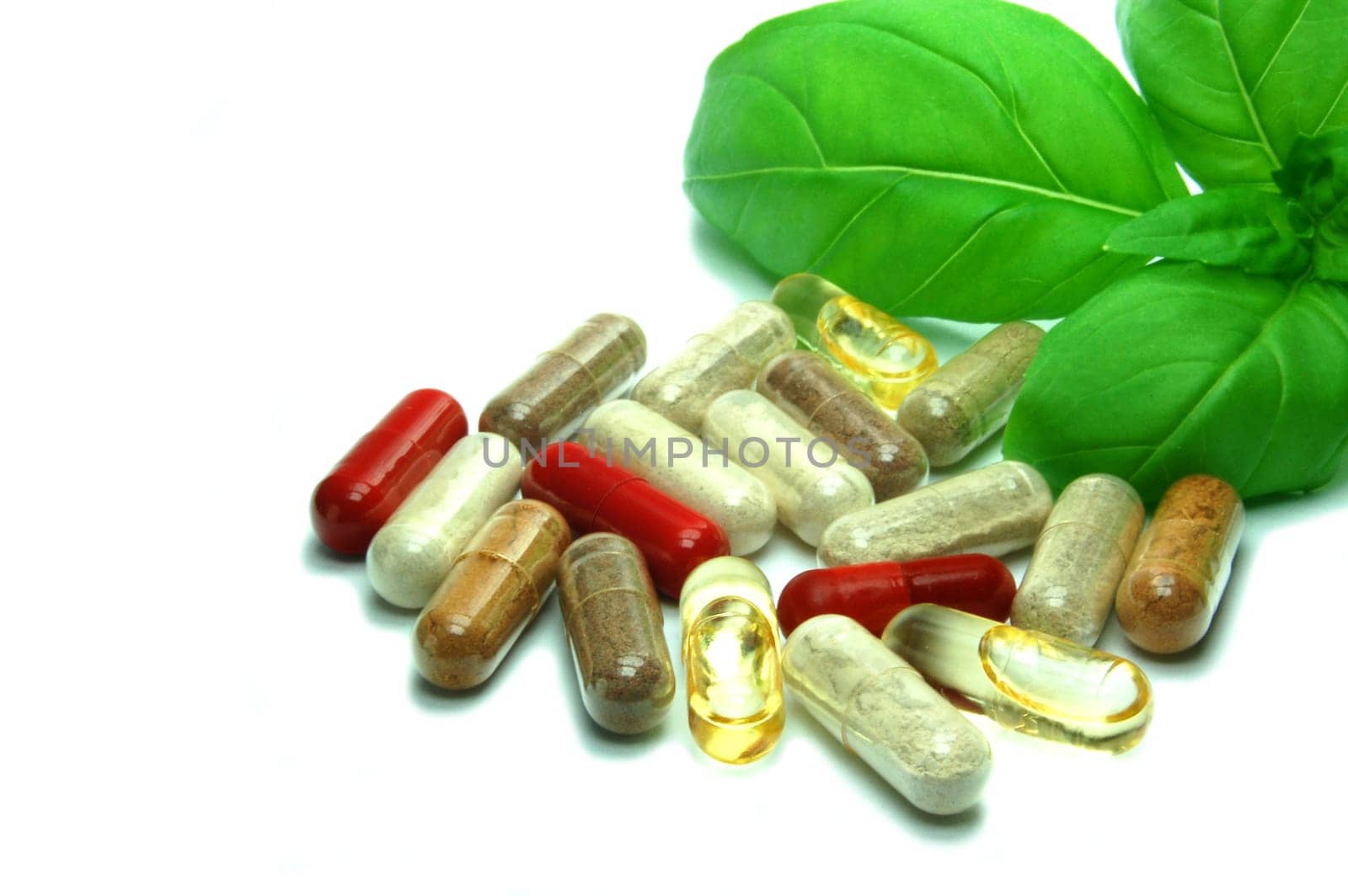 Herbal capsule in basil leaf