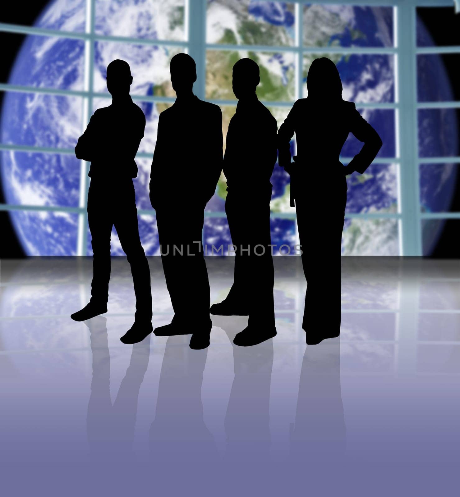 Business team on a space ship looking at planet earth