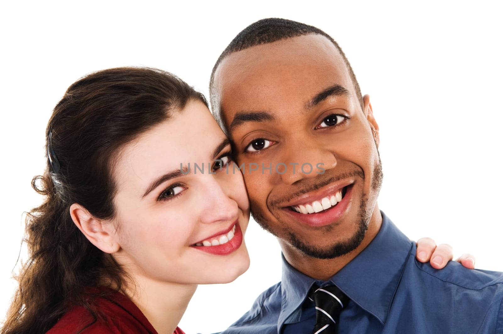 cute young multi ethnic couple in love on white