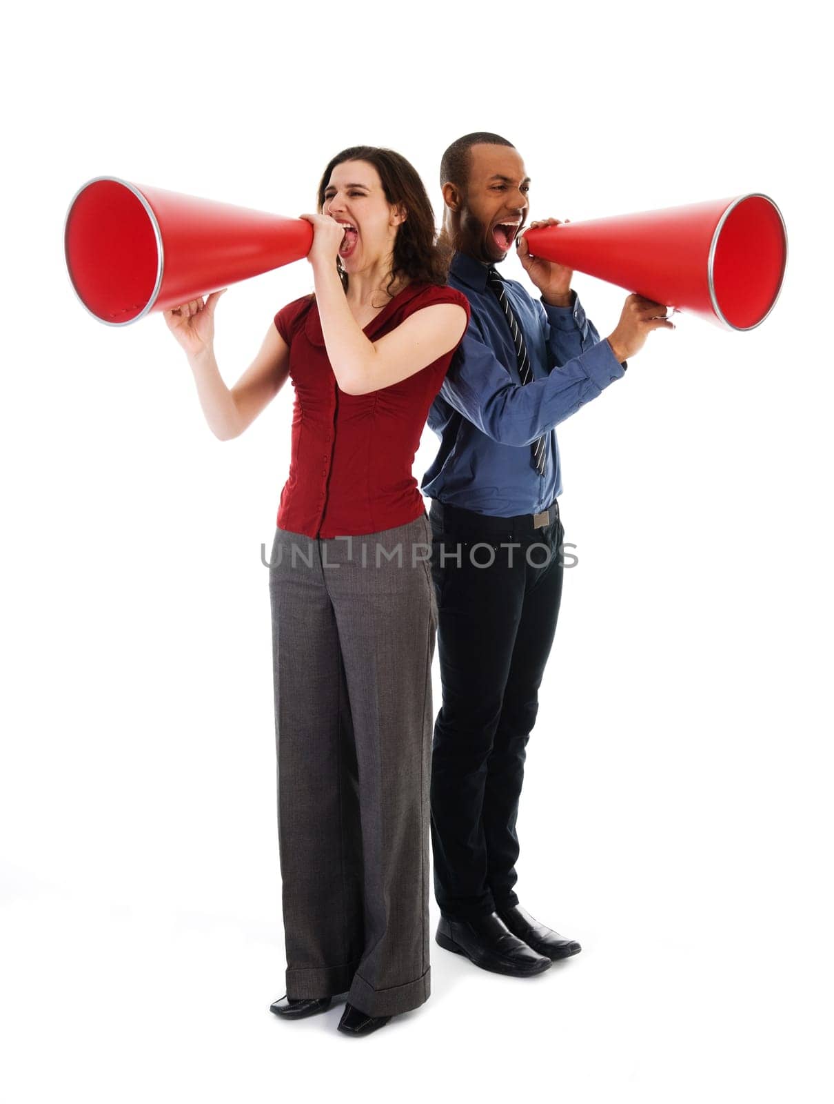 two business people on isolated white with red megaphones